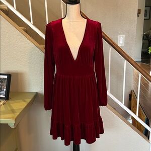 Red Velvet Tiered Deep Neck Babydoll Dress